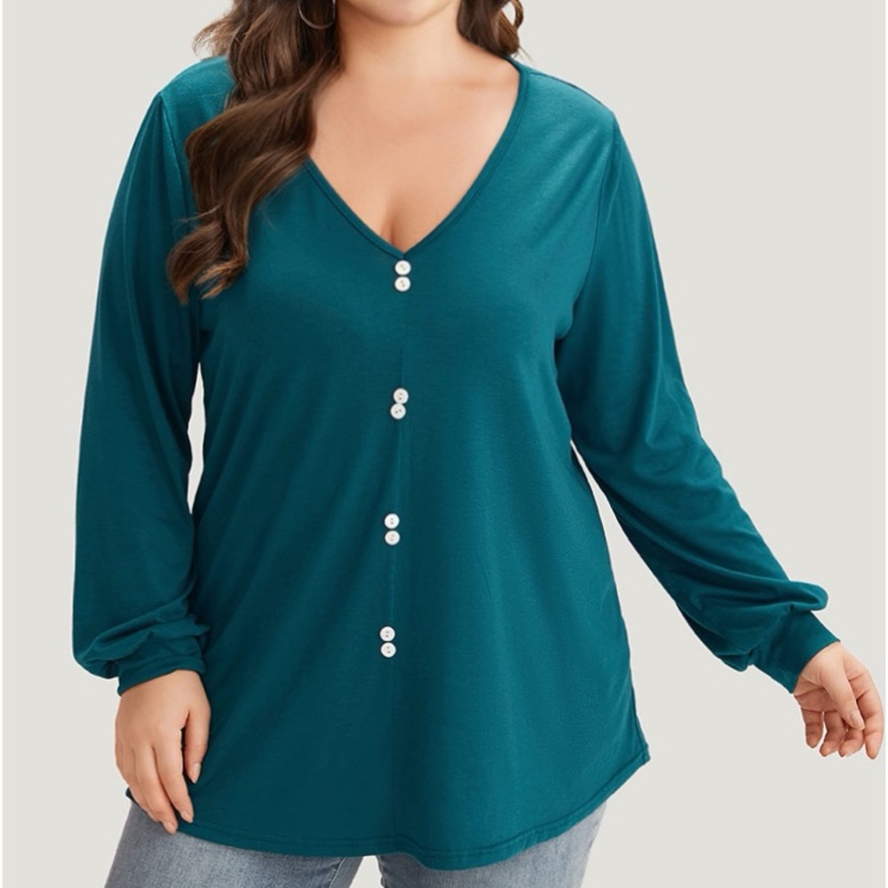 BloomChic Teal Button Detail Women's Long Sleeve Top Plus Size 3X
